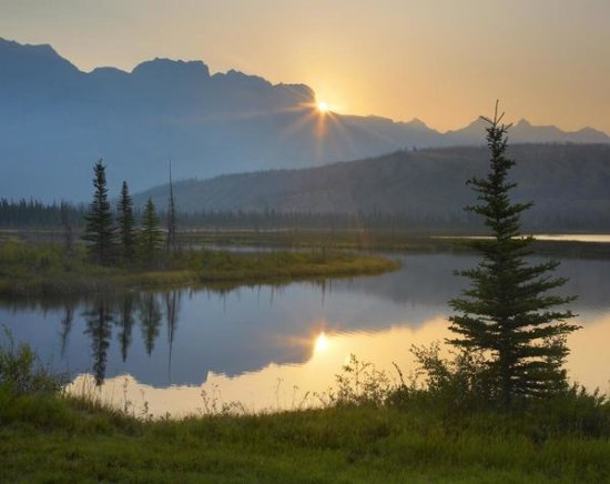 Sunset over Miette Range and Talbot Lake, Jasper National Park, Alberta, Canada