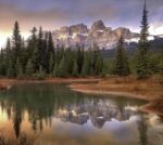 Castle Mountain and Boreal Forest Reflected in Lake, Banff National Park, Alberta
