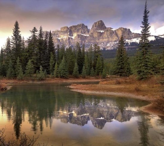 Castle Mountain and Boreal Forest Reflected in Lake, Banff National Park, Alberta