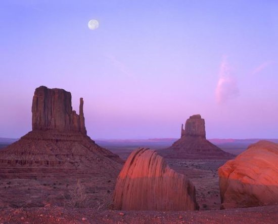 East and West Mittens, Buttes at Sunrise with Full Moon, Monument Valley, Arizona