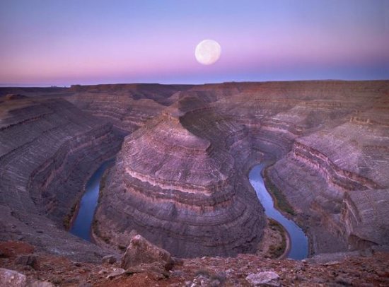 Moon over San Juan River Flowing Through Goosenecks, Utah