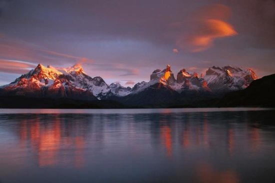 Cuernos del Paine at Dawn and Lago Pehoe, Torres del Paine NP, Patagonia, Chile