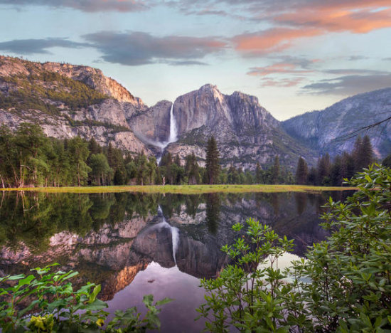 Yosemite Falls Reflected in Flooded Cook's Meadow, Yosemite Valley, Yosemite National Park, California