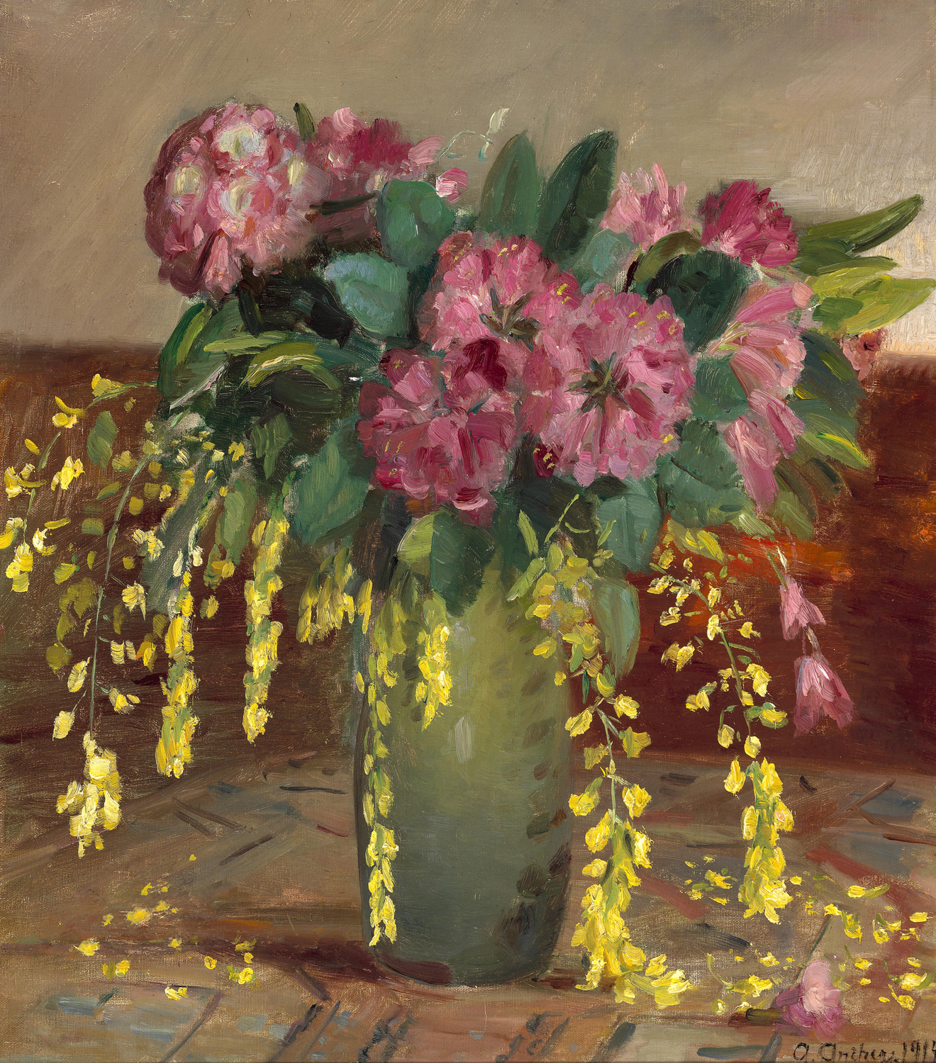 Pink Rhododendrons and Laburnum in a Green Vase, 1914