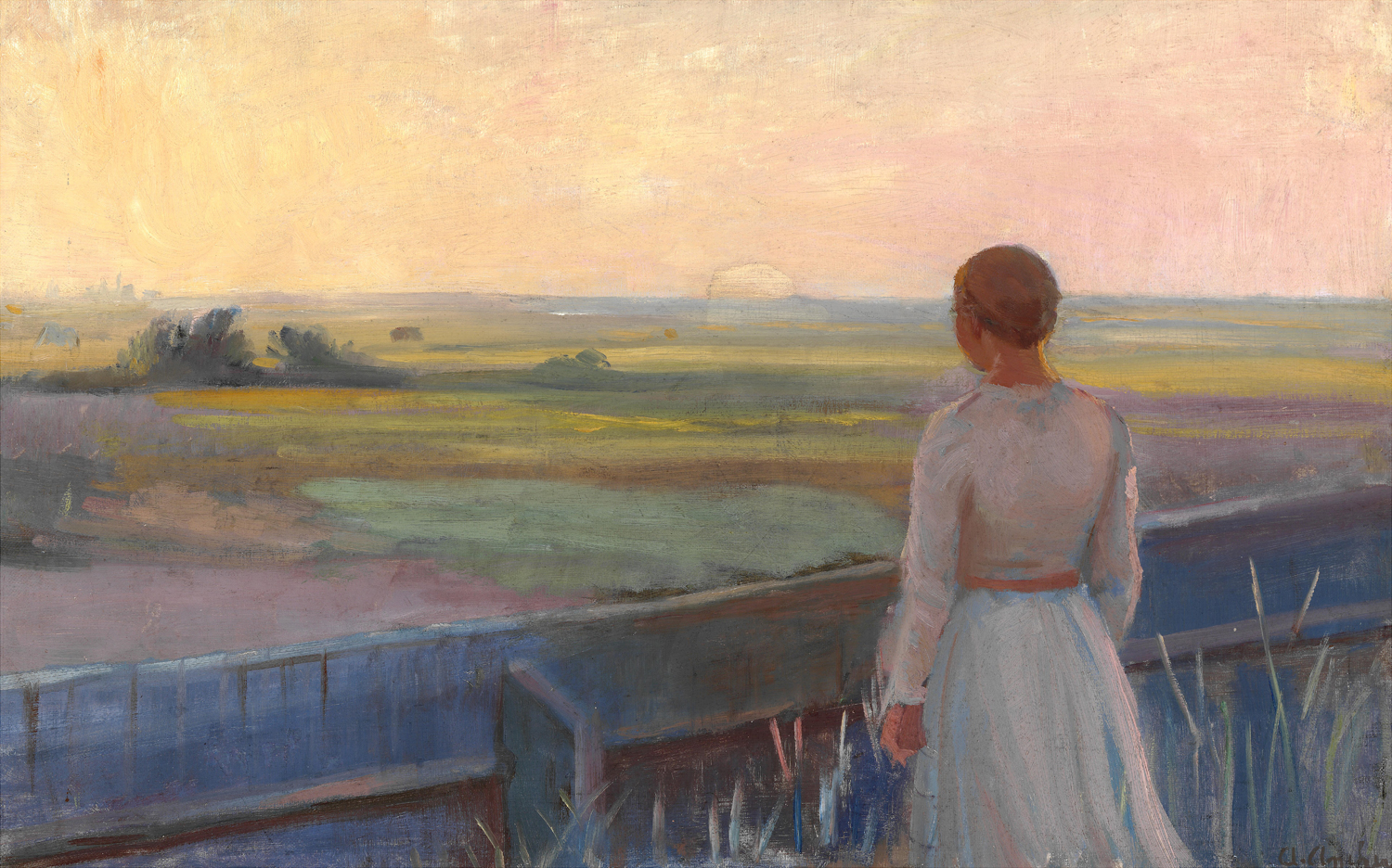 Young Girl by the Fence Looking Out over the Fields