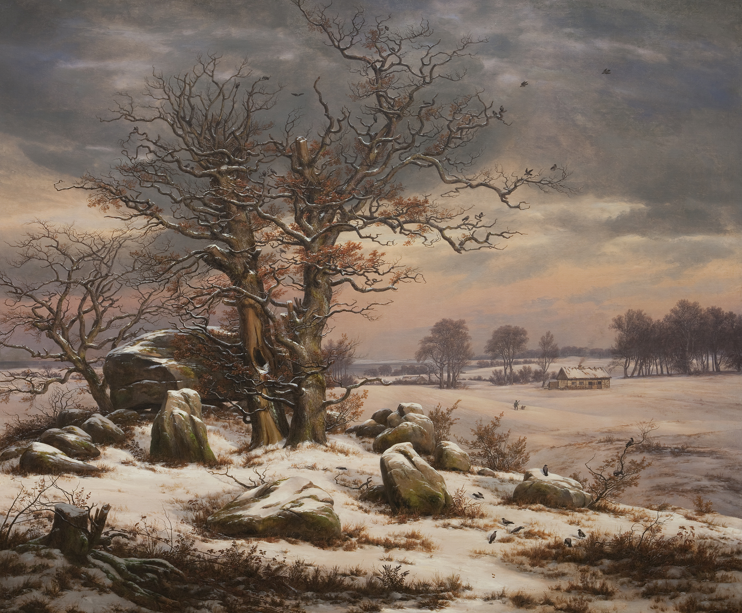 Vinterlandskab ved Vordingborg (A Painting of a Snowy Landscape with Rocks and Trees, Norway), 1829