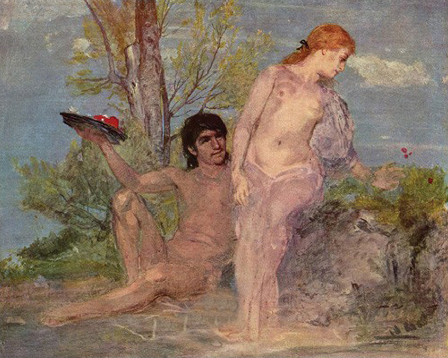 Idylle, Girl and Boy Picking Flowers