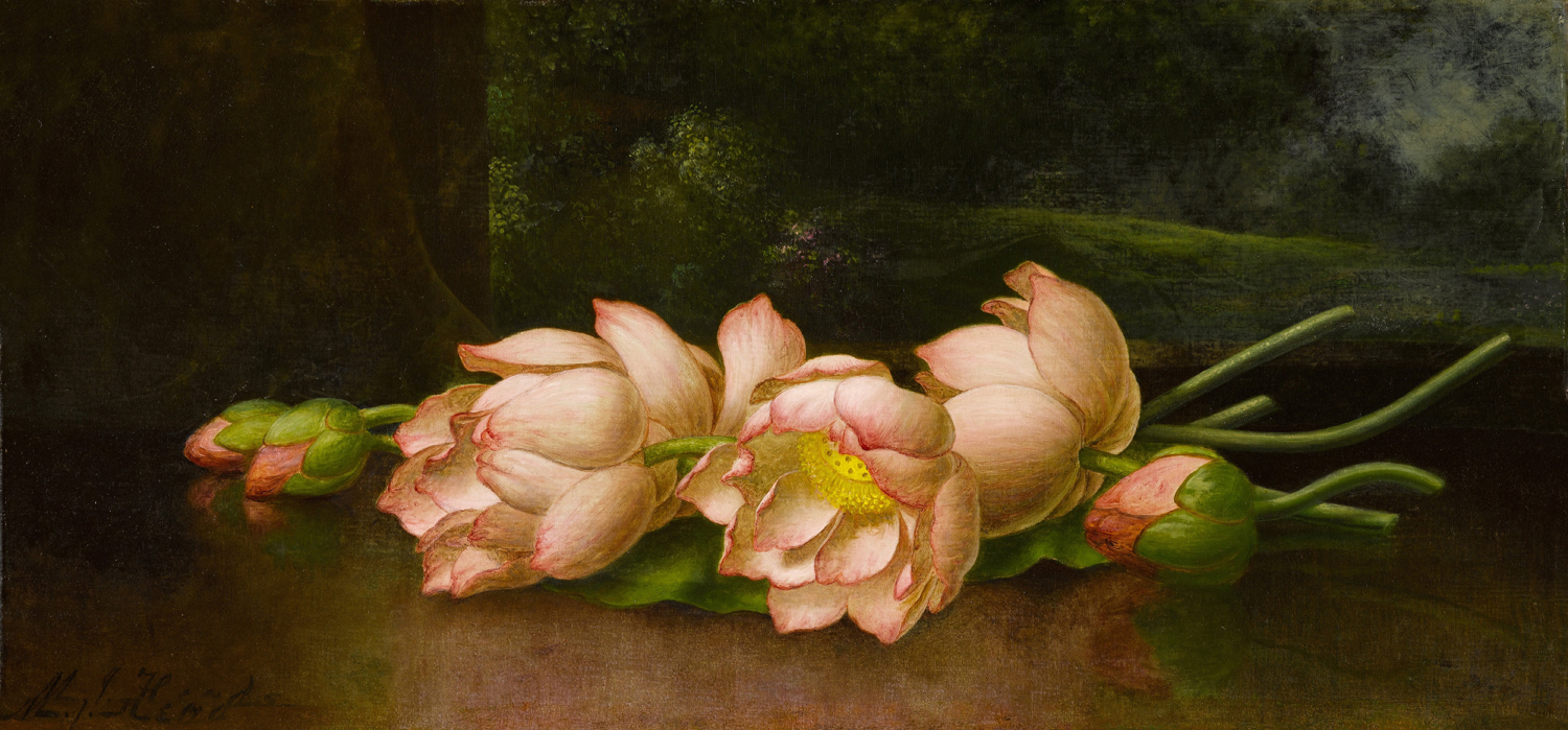 Lotus Flowers with A Landscape Painting in the Background, late 19th century
