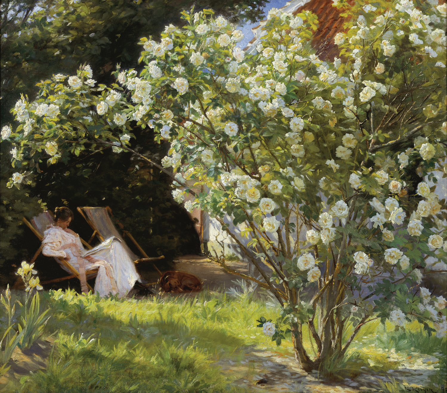 Roses. Marie Kroyer Seated in the Deckchair in the Garden by Mrs Bendsen's House, 1893