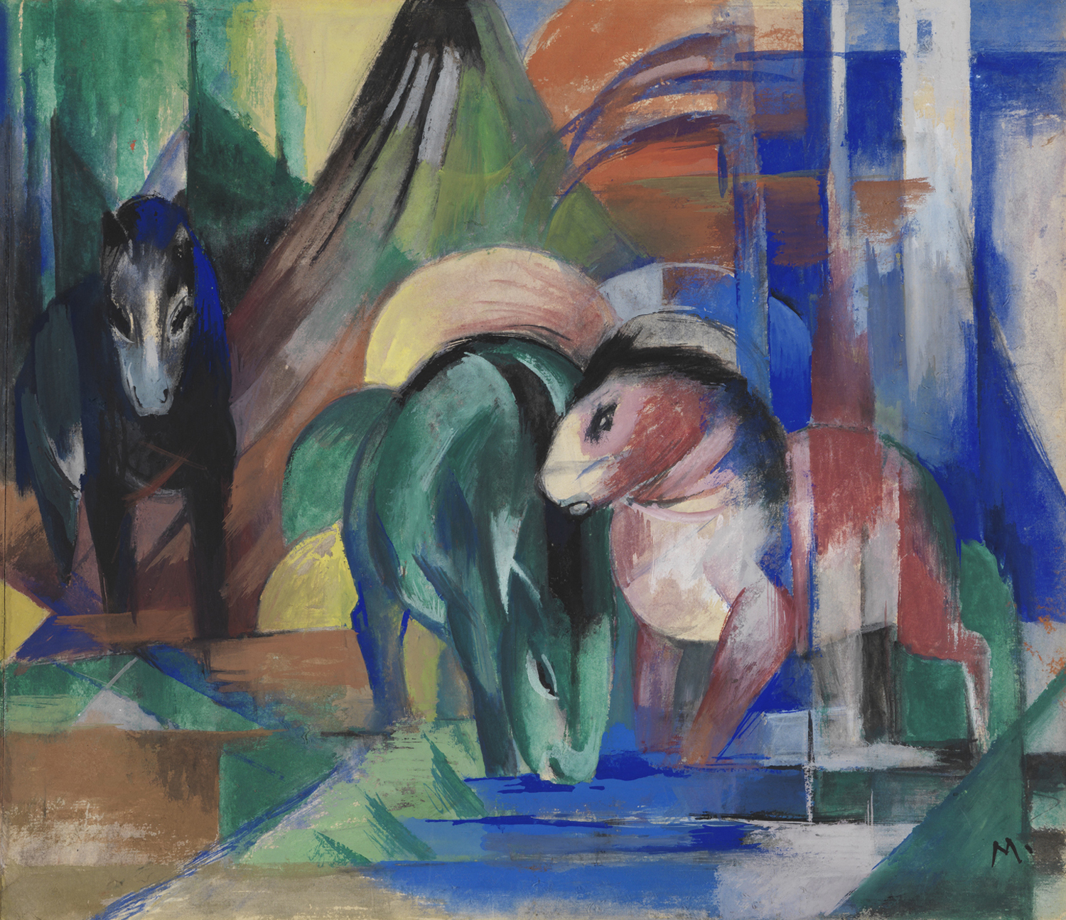 Drei Pferde am Waldwasser (Three Horses at a Watering Hole), 1913