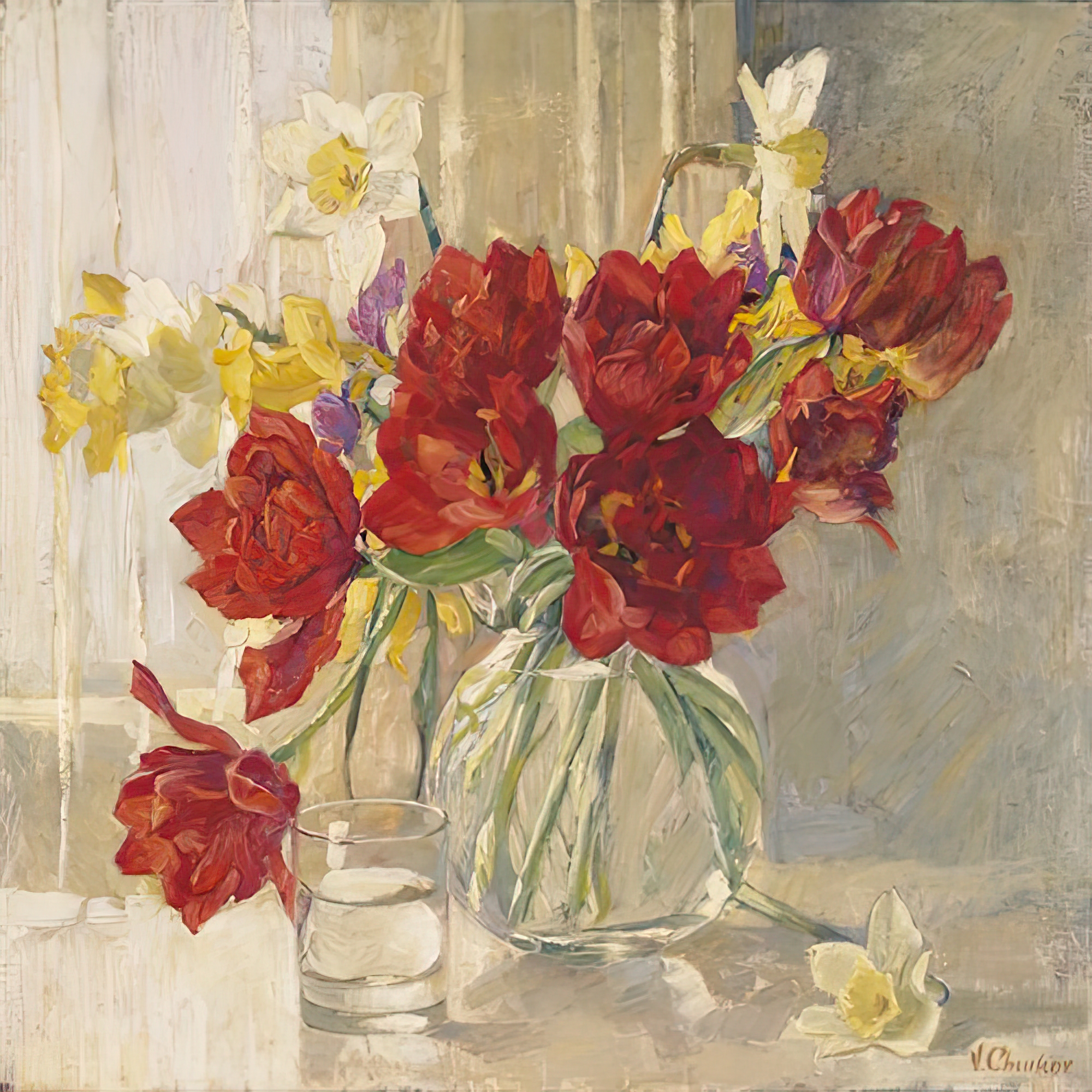Red Tulips and Daffodils