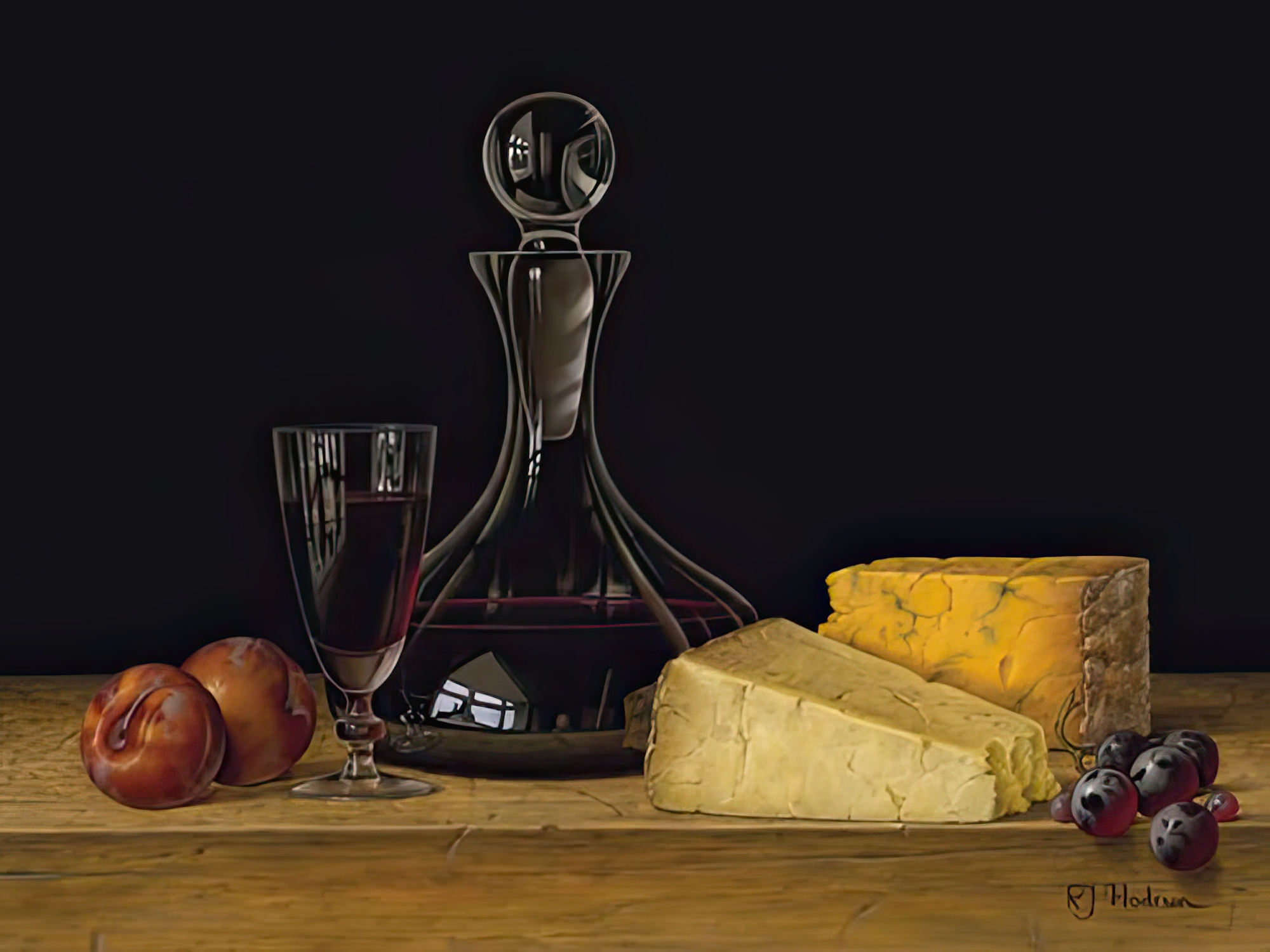 Decanter of Port with Cheeses and Plums