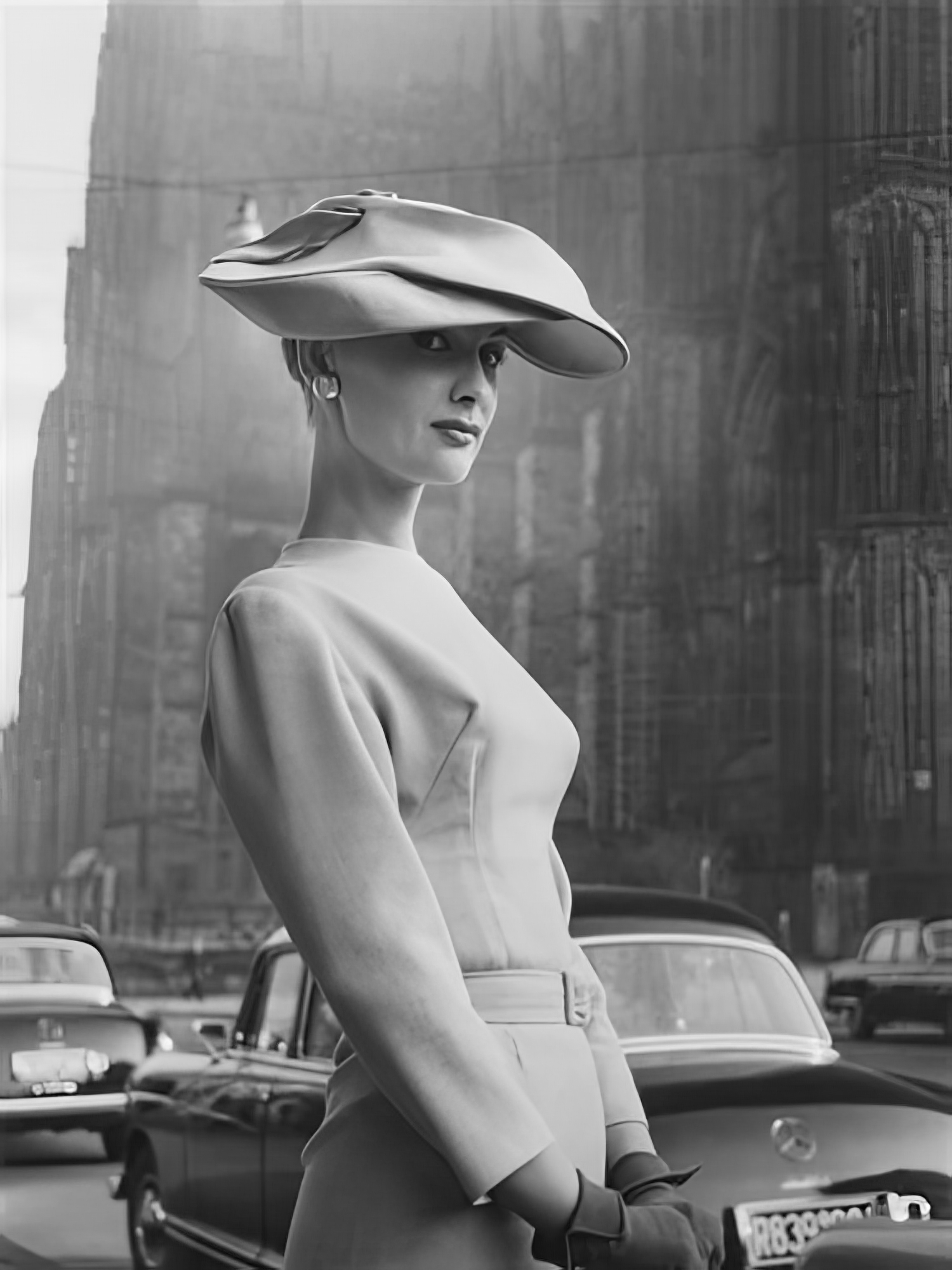 Woman Wearing an Elegant Spiral-shaped Hat, 1956
