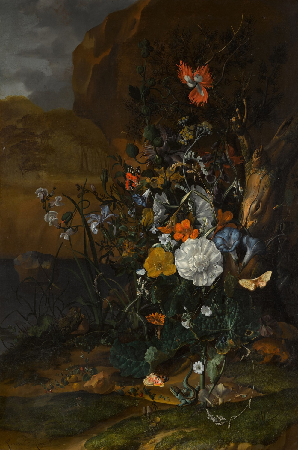 Still Life of Flowers with Butterflies, Insects, a Lizard and Toads, beside a Pool, 1687