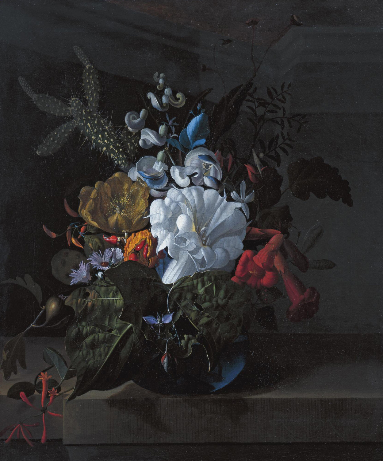 A Still Life with Devil's Trumpet, a Cactus, a Fig Branch, Honeysuckle and other Flowers in a Blue Glass Vase Resting on a Ledge, 1690