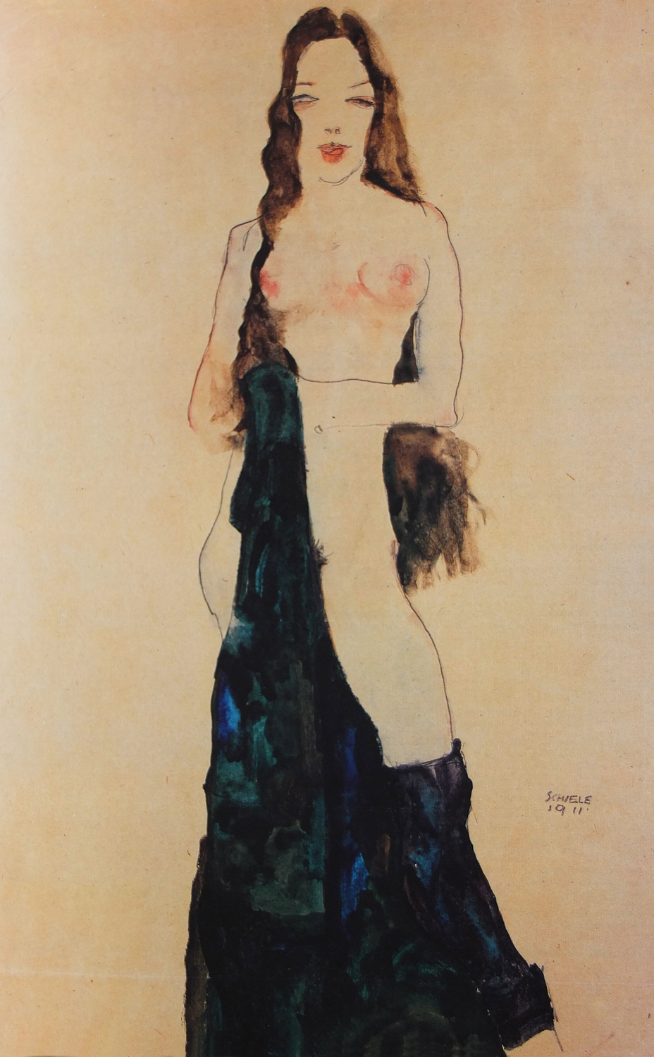 Young Naked Girl Standing, with Long Black Hair and a Blue-Black Drape, 1911