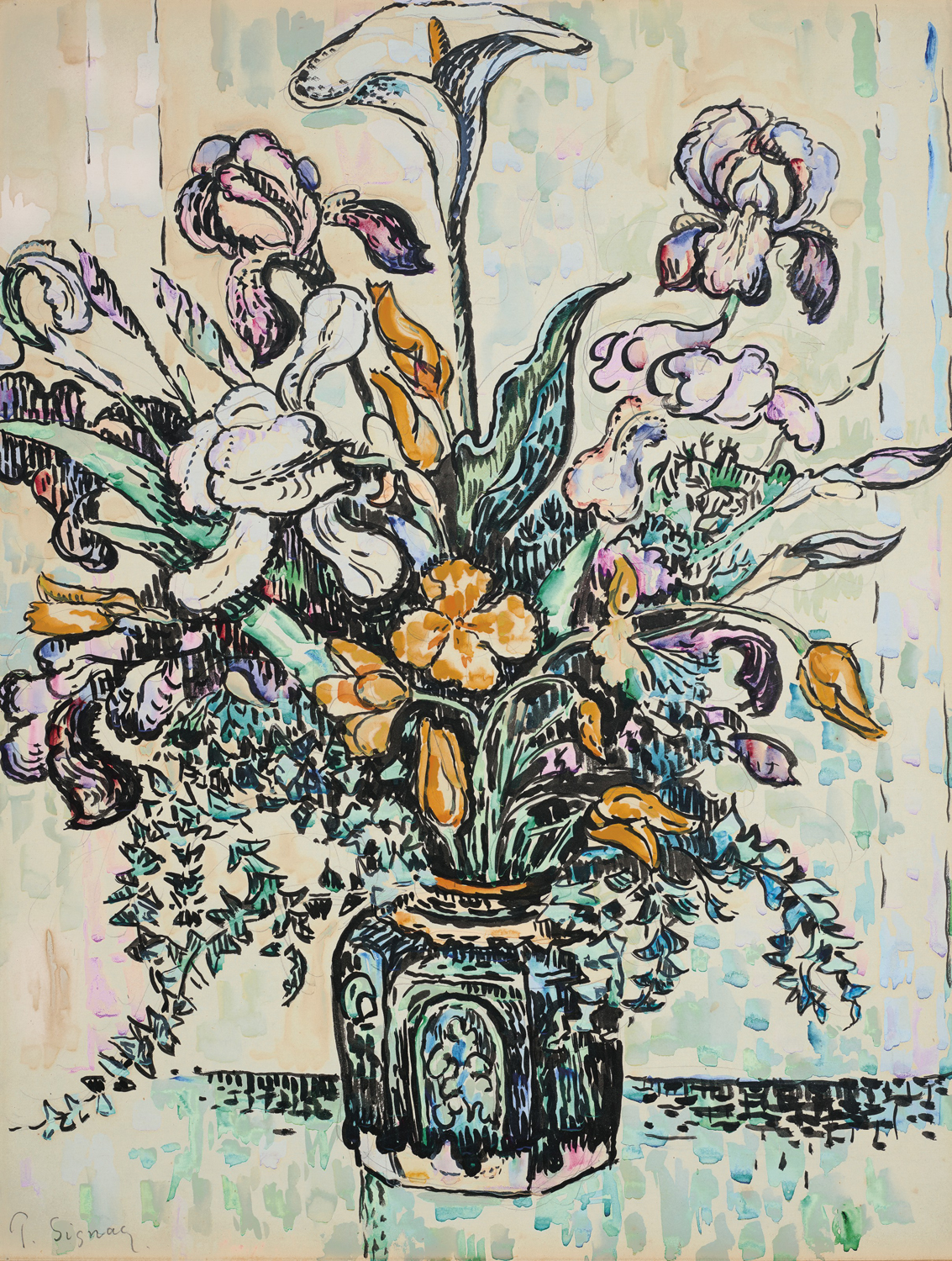 Bouquet (iris, arum, tulipes) dans un Vase d'Andre Metthey, c. 1910