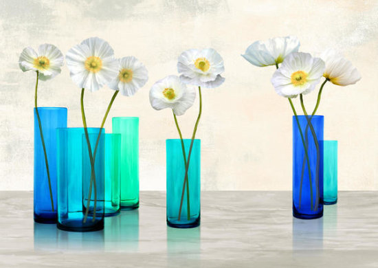 Poppies in Crystal Vases (Aqua Palette)