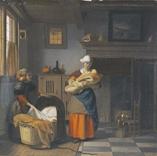 A Young Woman and a Girl Putting a Baby To Bed In a Cradle