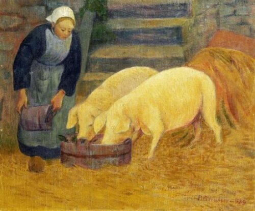 A Young Girl Feeding Two Pigs