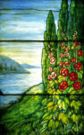 Red Blossoming Hollyhocks and Arbor Vitae