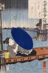 A Young Woman with a Blue Open Umbrella