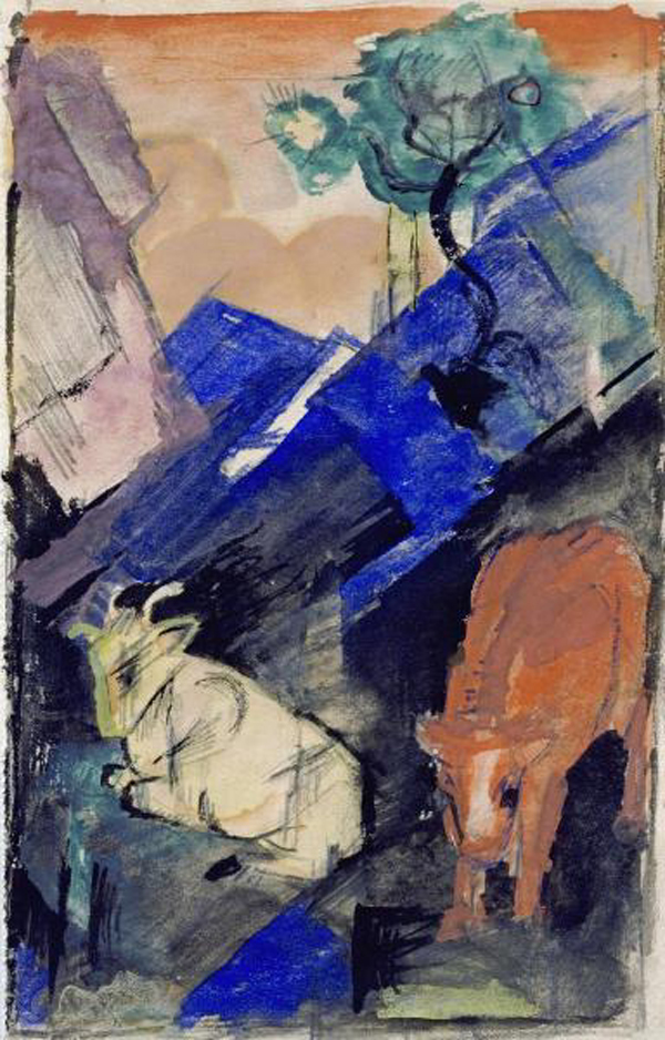 Two Cattle in a Hilly Landscape