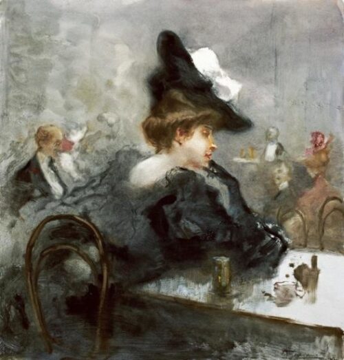 Elegant Lady in Black in a Cafe