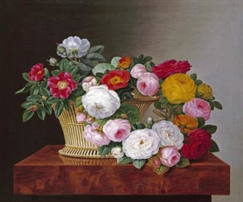 Still Life of Roses In a Basket On a Ledge