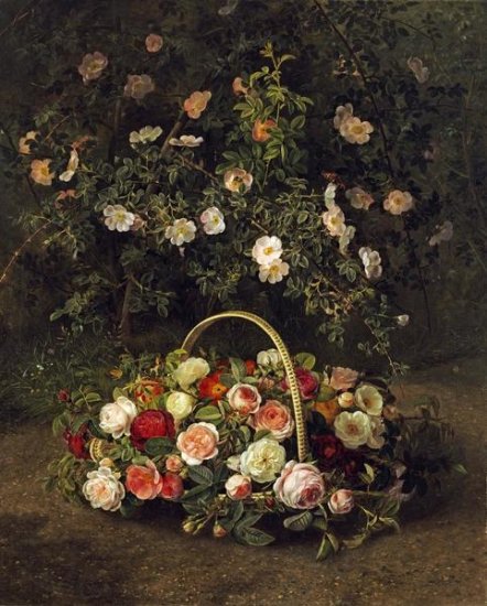 Roses In a Basket Beside a Rose Bush