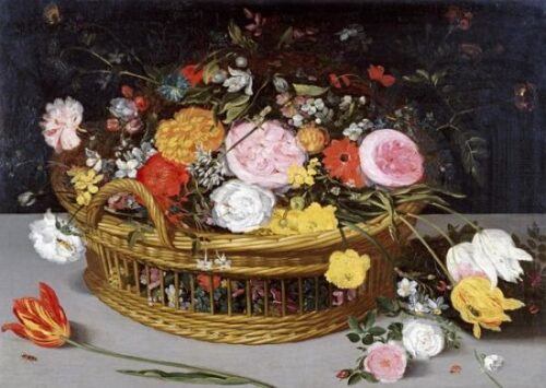 Roses, Tulips and Other Flowers in a Wicker Basket