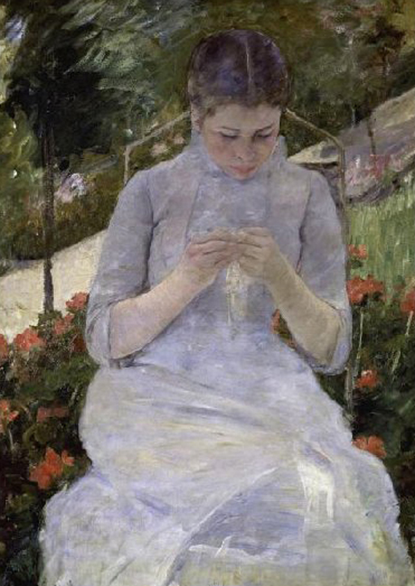 Young Woman Sewing In the Garden