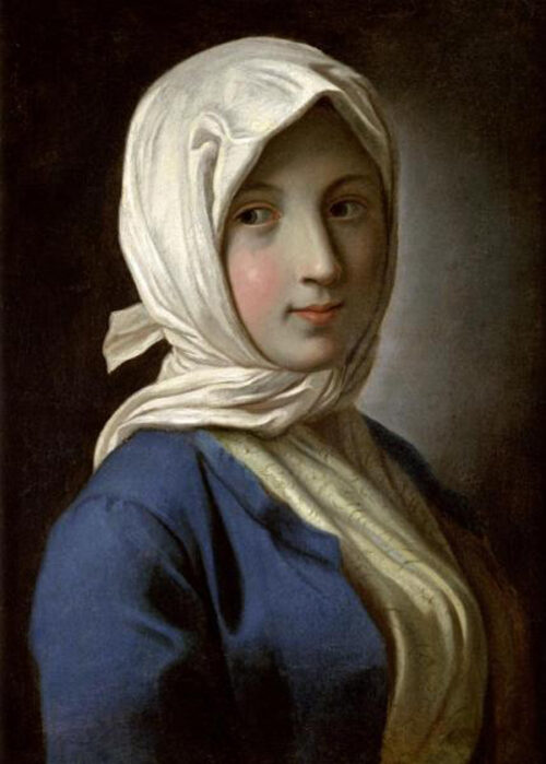 A Girl in a Blue Jacket and White Headscarf