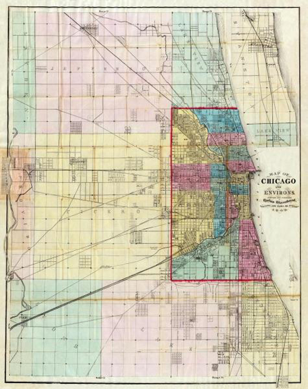 Map of Chicago and Environs, 1869