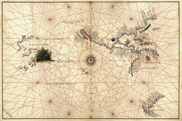Portolan Map of the Western Hemisphere showing what will become the United States, Panama & a portion of South America