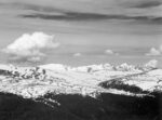 View at Timberline, Dark Foreground, Light Snow Capped Mountain in Rocky Mountain National Park, Colorado, ca. 1941-1942