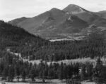 View with Trees in Foreground, Barren Mountains in Background, Rocky Mountain National Park, Colorado, ca. 1941-1942