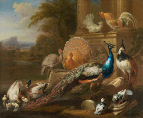 Peacocks, Doves, Turkeys and Ducks By a Classical Ruin