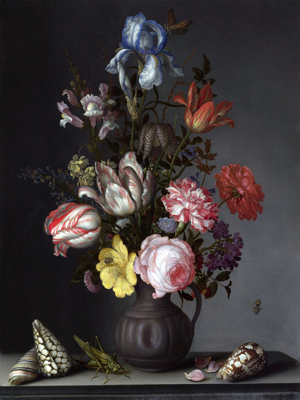 Flowers In a Vase with Shells and Insects