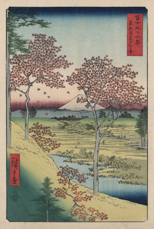 View of Mount Fuji from Maguro in Tokyo, with Red Maple Trees