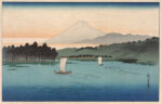 Sailboats On a River or Inland Sea with a View of Mount Fuji