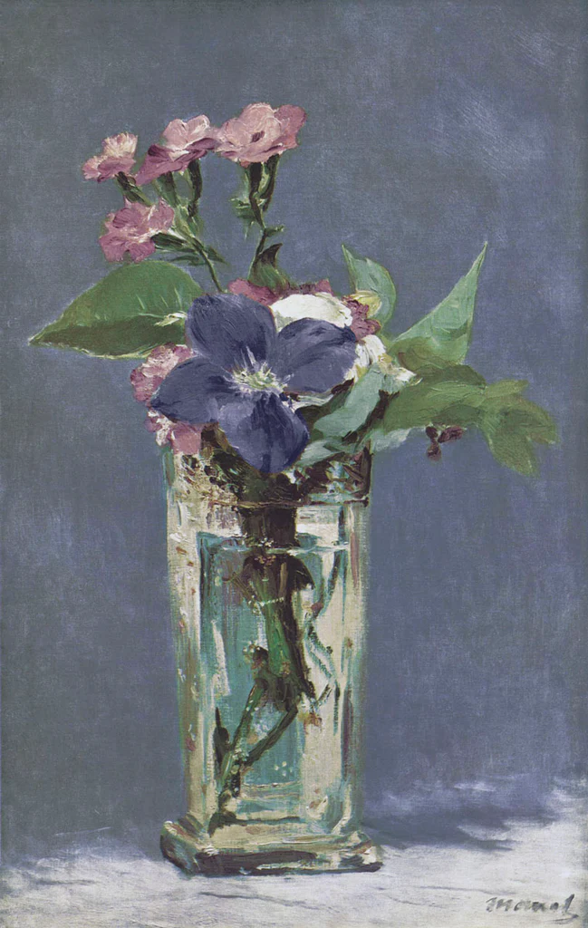 Carnations and Clematis in a Crystal Vase