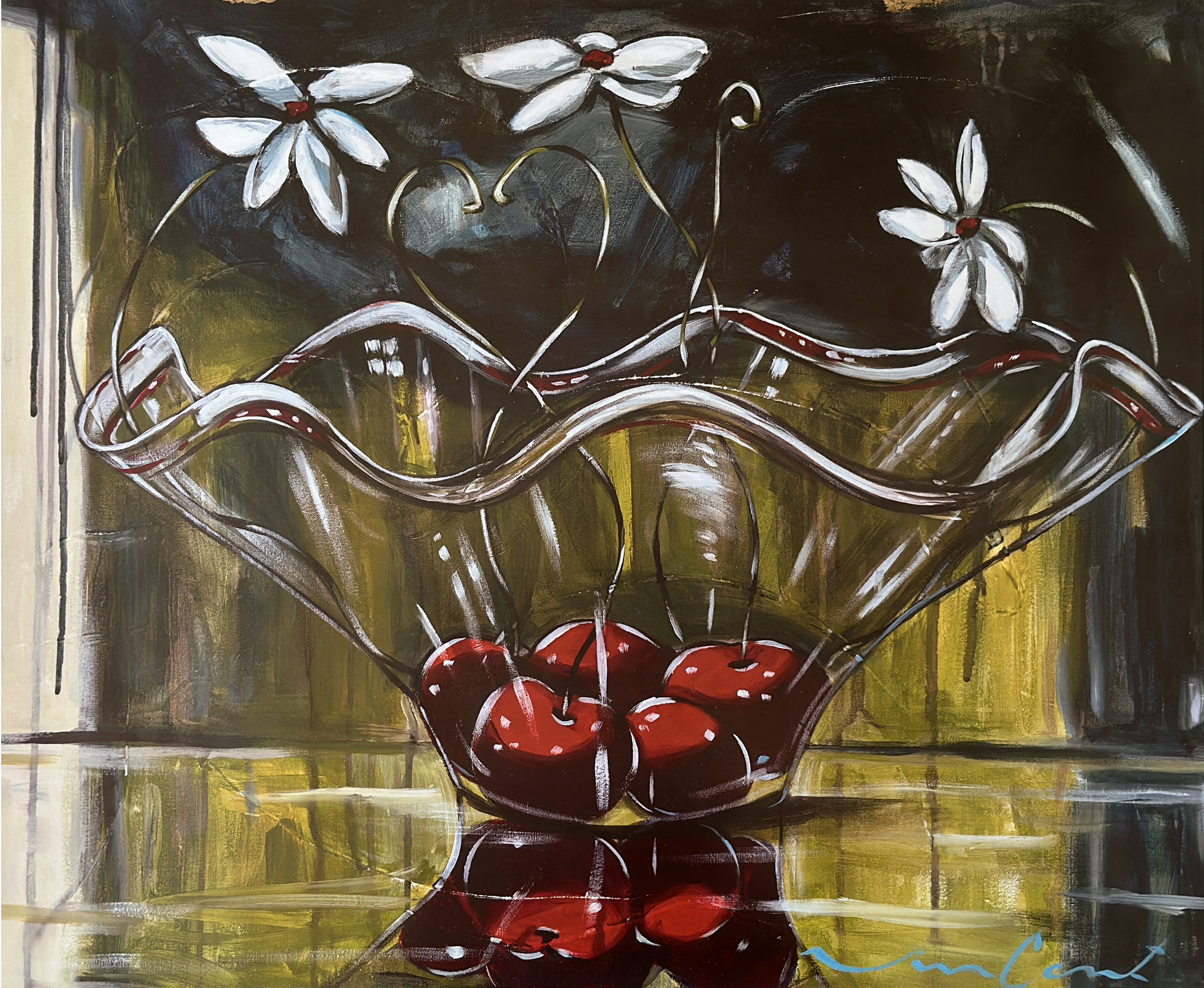 Cherries in a Glass Bowl