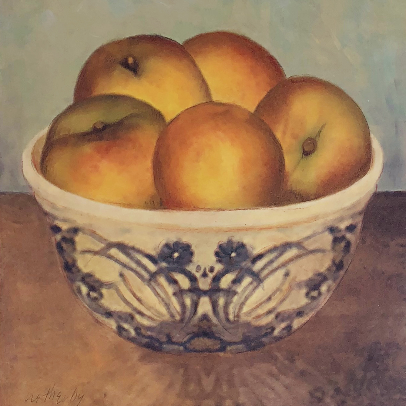 Peaches in Blue and White Bowl